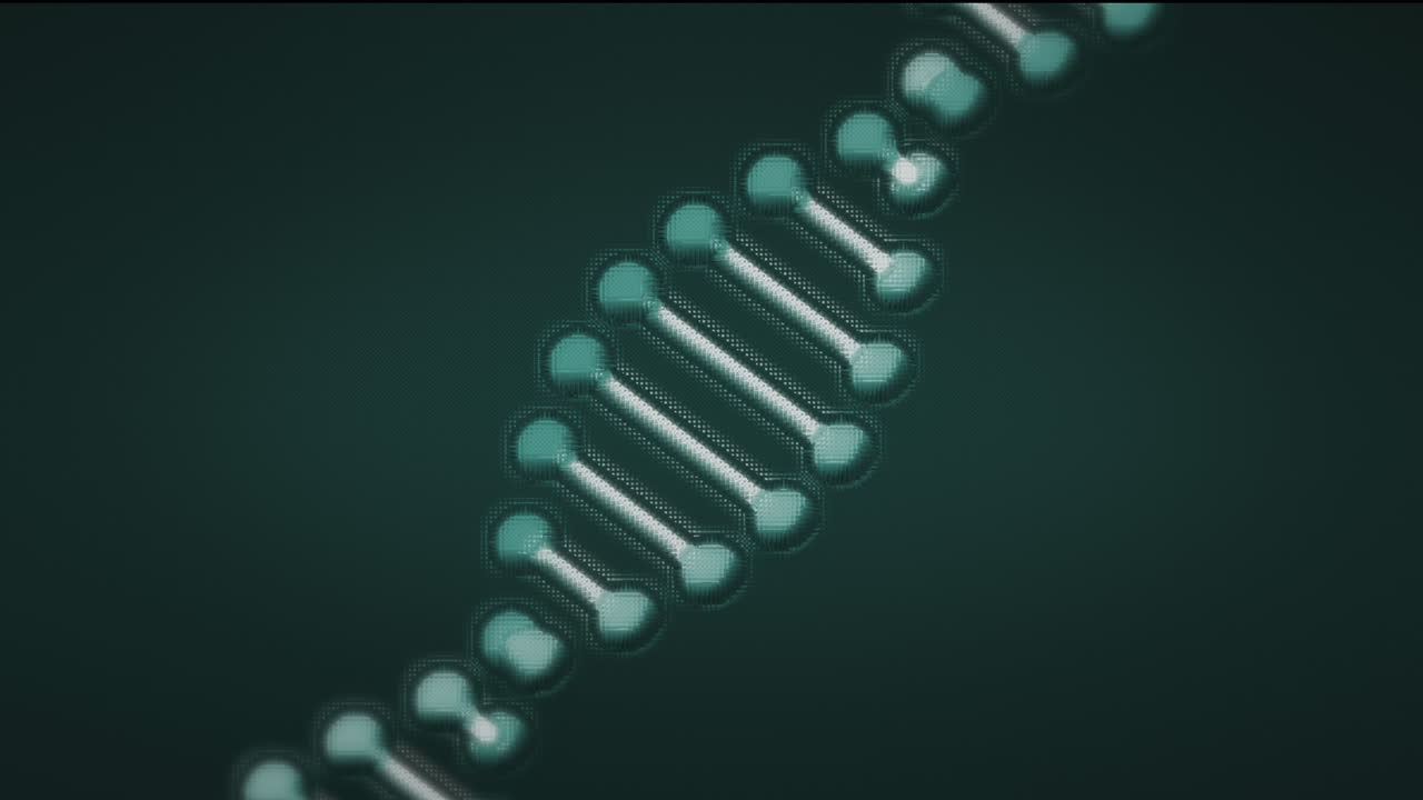 animación de formas púrpuras sobre una cadena de adn sobre un fondo negro.
