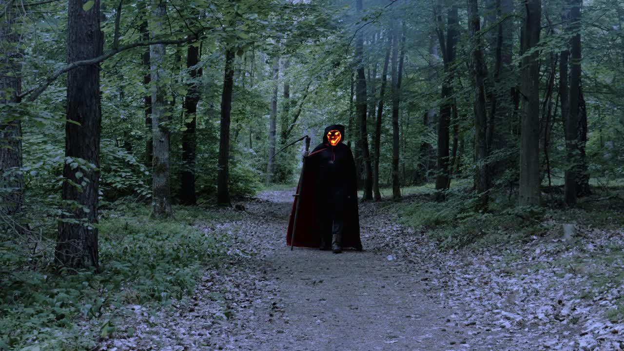 parca aterradora con cara de calavera en llamas caminando en el bosque humeante con guadaña