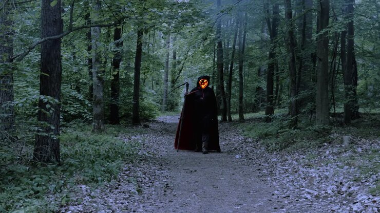 Scary Grim Reaper With Flaming Skull Face Walking In The Smoky Forest With Scythe