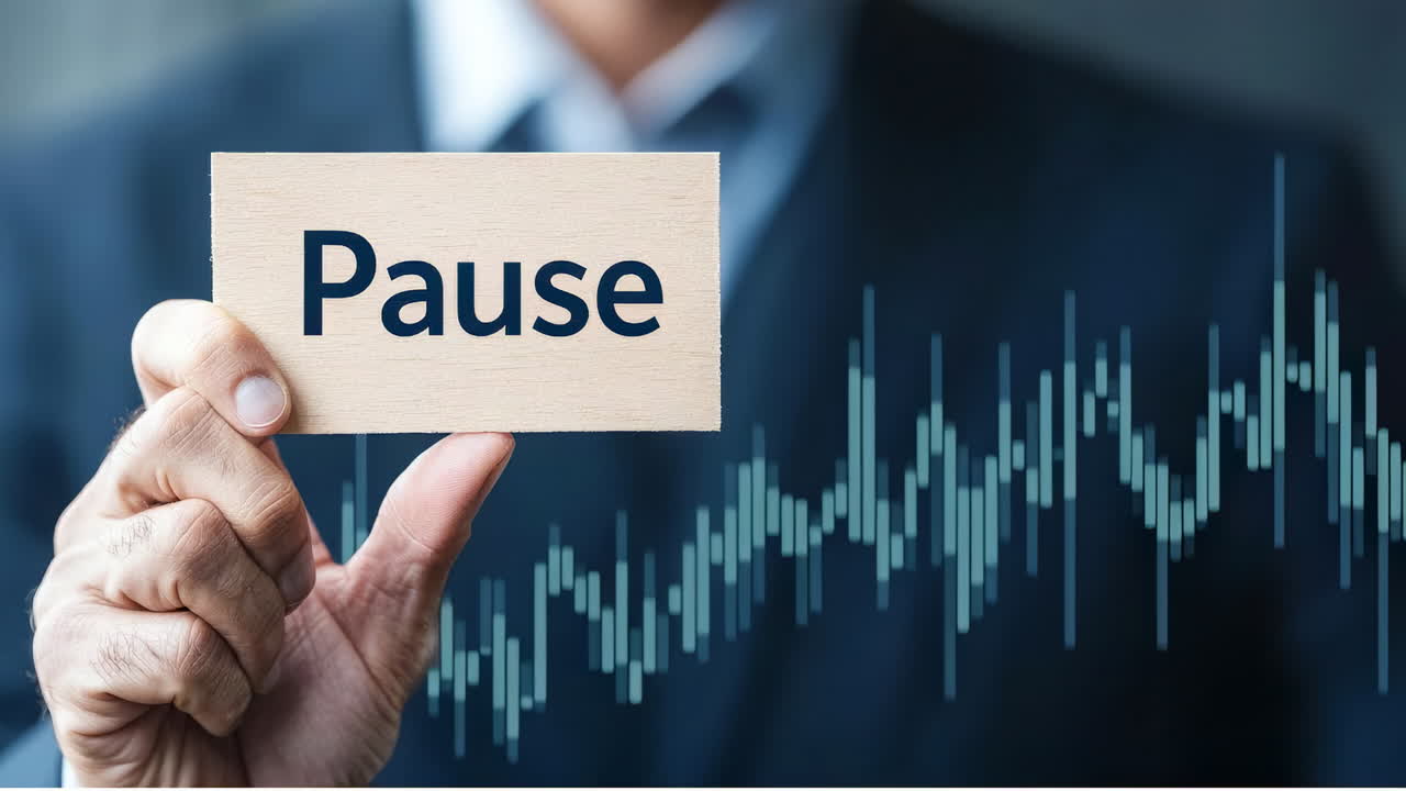 Pause card in a meeting. A person holds a card that says pause while standing in front of a graph. This happens in a business setting
