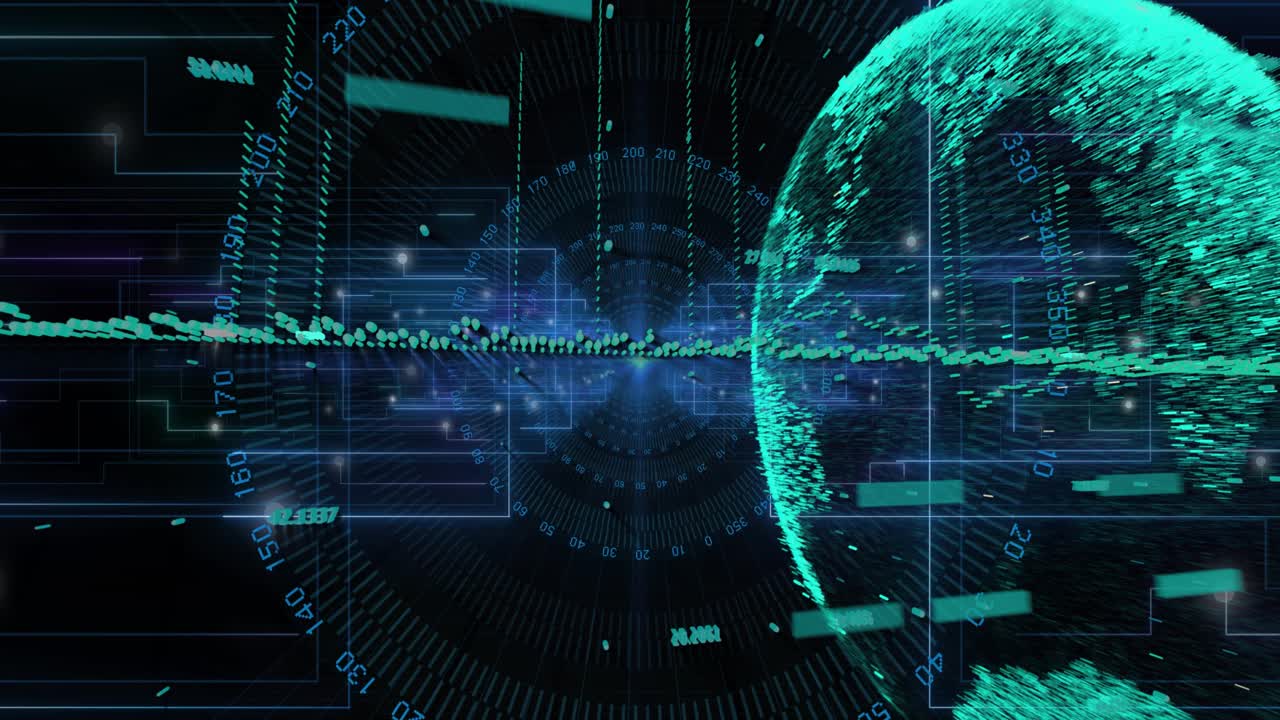 Camera zooming, turquoise point cloud globe moving center, particles flowing waveform, showing data