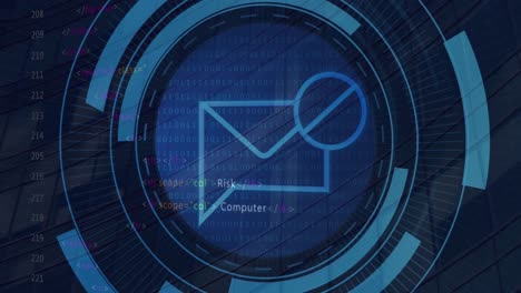 Animation-of-message-block-icon-on-round-scanner-and-data-processing-against-tall-building