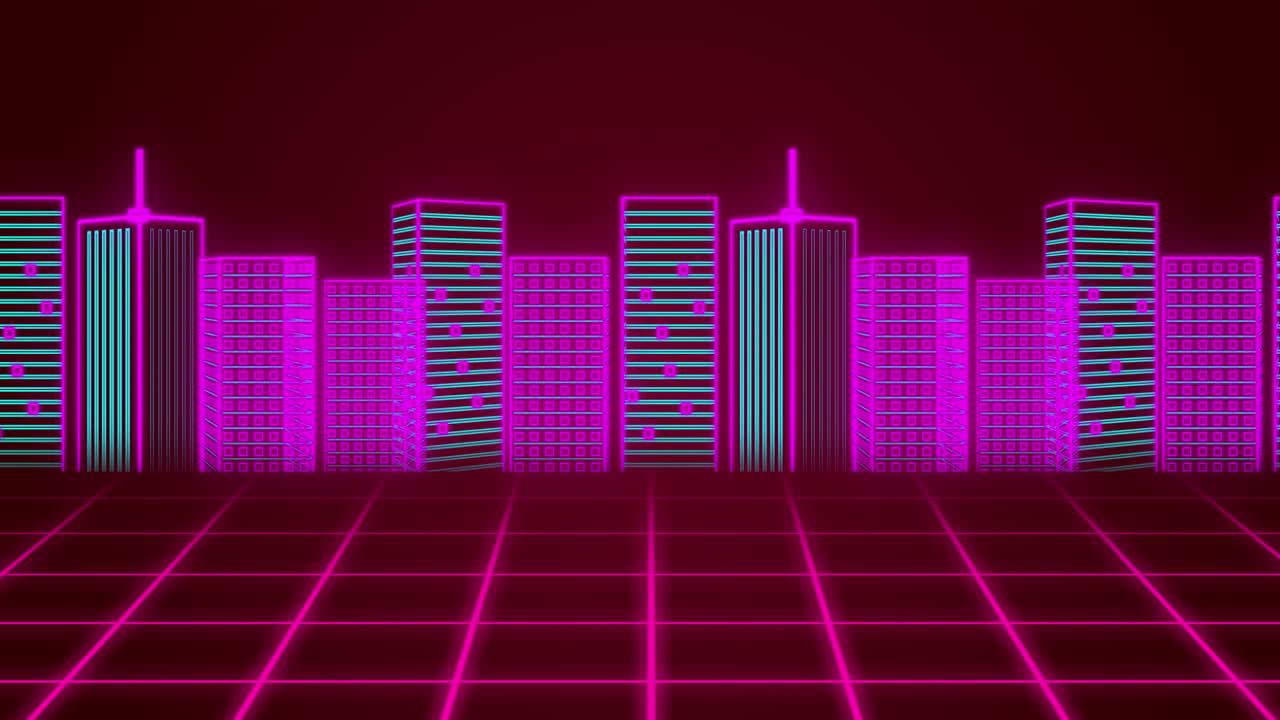 animación de un paisaje urbano en 3d dibujado en rosa y verde y rosa