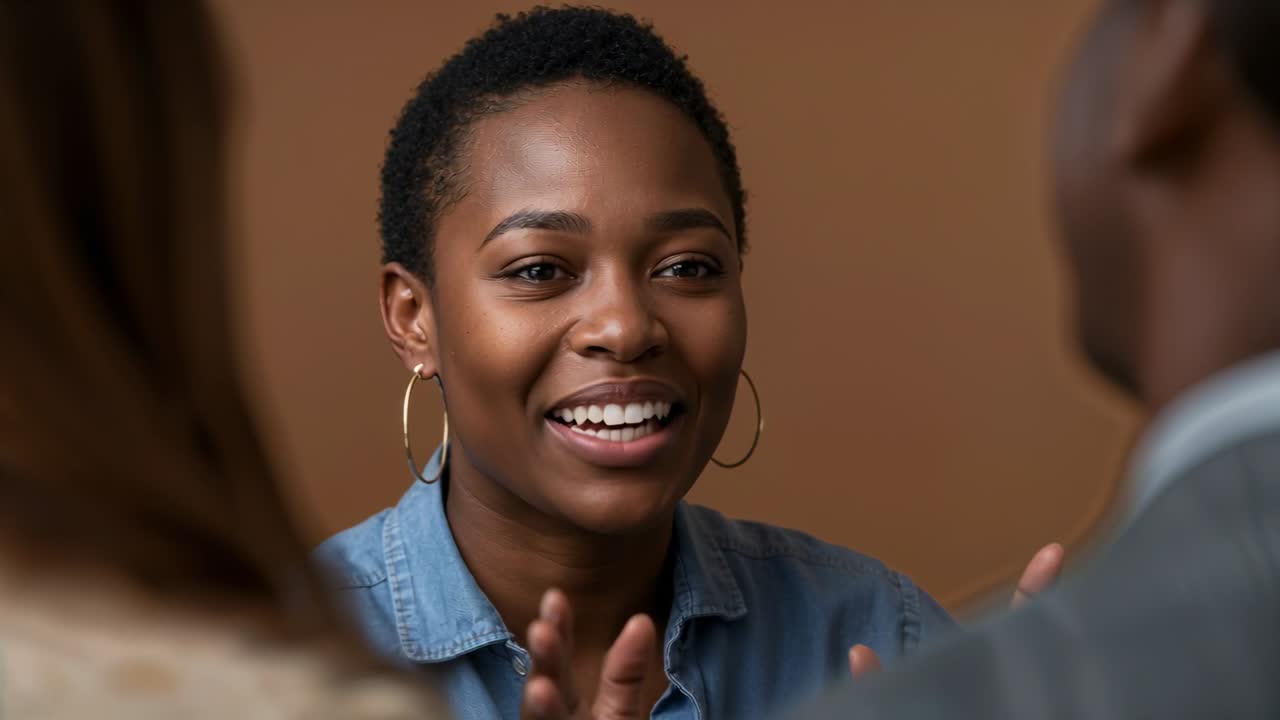 Smiling woman in denim shirt hoop earrings reacting to camera glance laughing gesturing in meeting