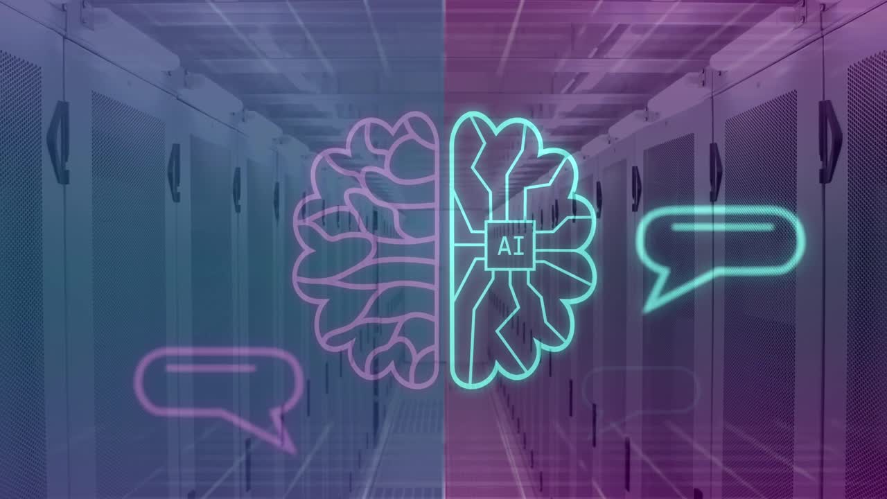 Animation of ai text and icon, data processing over computer servers