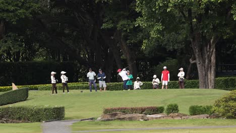 golfers walking and carrying clubs on green.