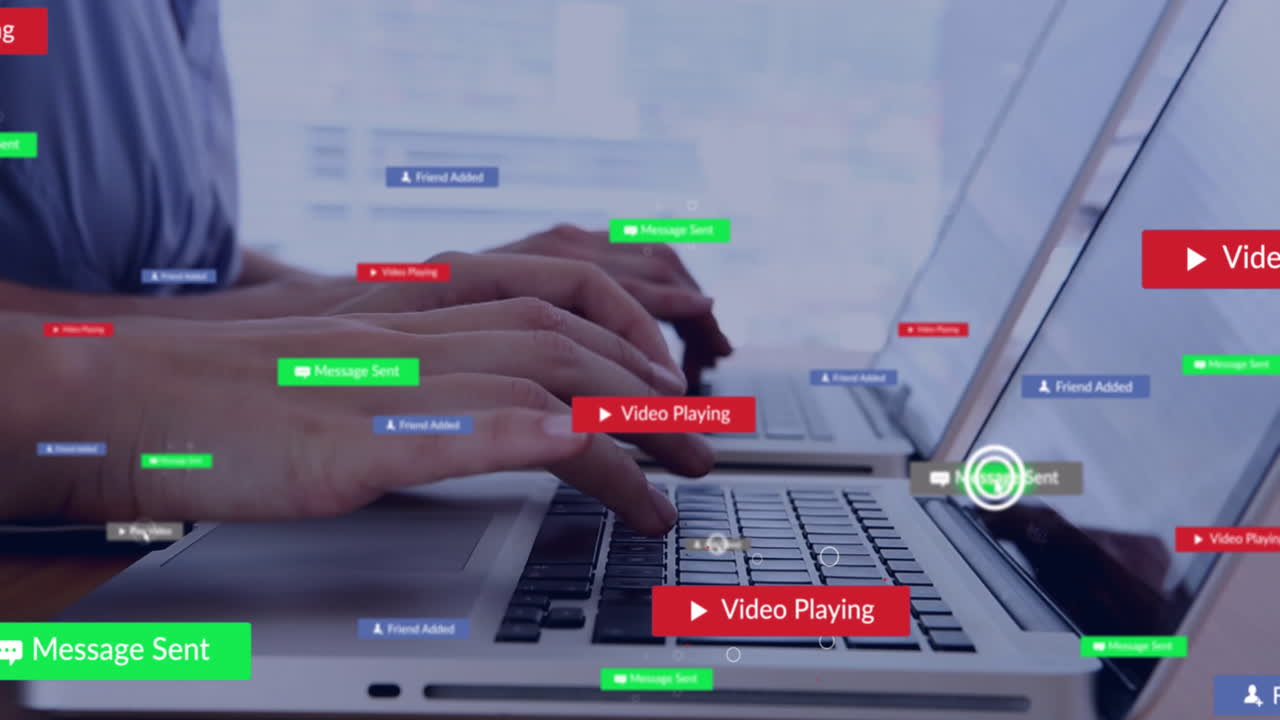 animación de iconos de redes sociales contra la sección media de hombre y mujer usando portátiles en la oficina