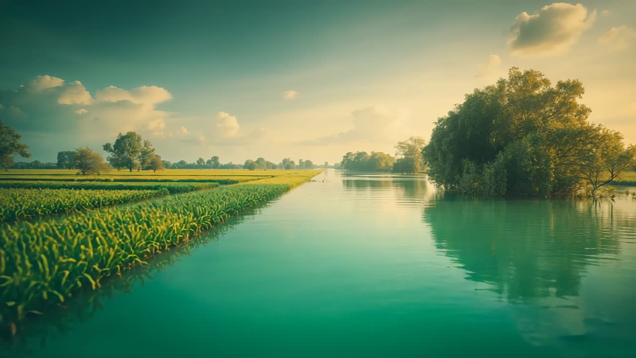 Opening low-angle shot gliding over floodwater covering crop rows at sunset, reflecting trees