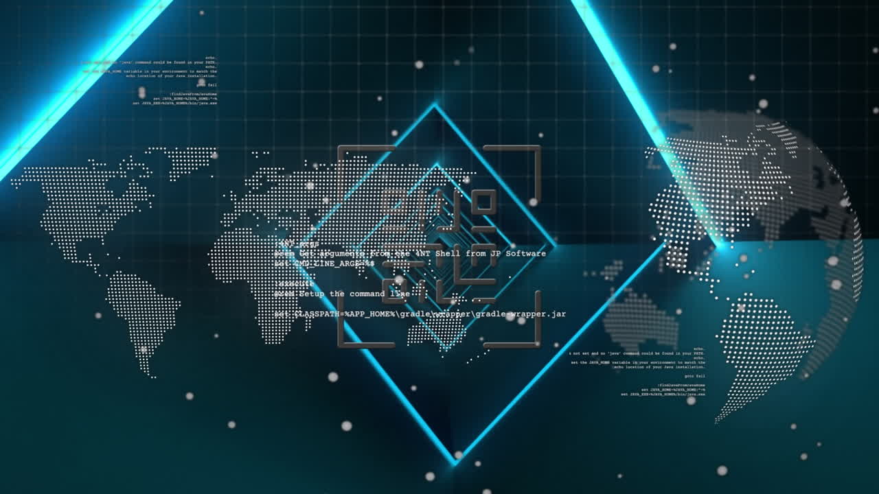 animación del escáner de código qr sobre el procesamiento de datos contra el mapa del mundo y el globo giratorio