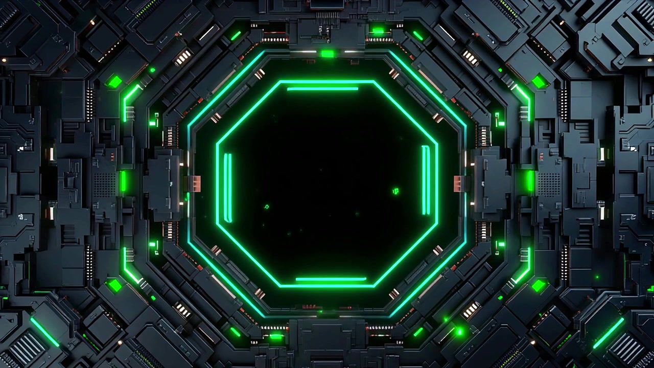 Cornice Ottagonale Futuristica Animata con Bagliore Neon Verde.