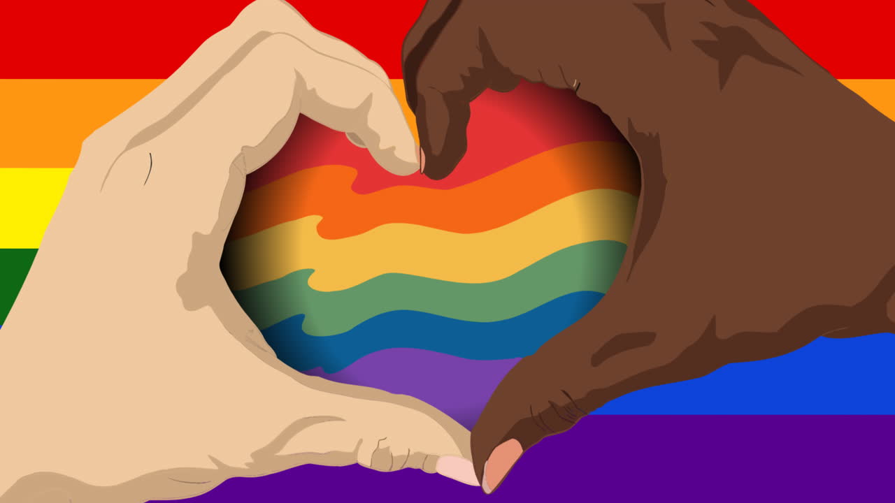 animación de manos caucásicas y afroamericanas formando un corazón sobre el fondo del arco iris