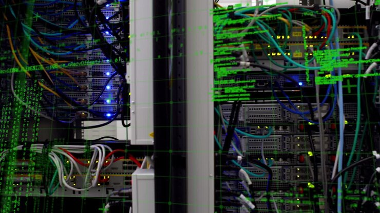 Animation of data processing over close up of computer server