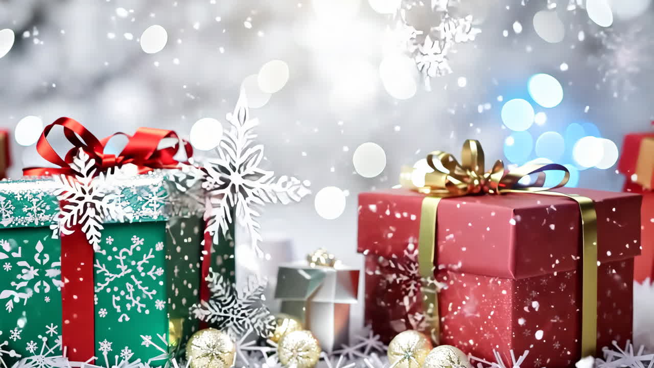 Two Christmas presents are sitting on a table, one green and one red. The green box has a snowflake design on it, while the red box has a gold bow. The scene is festive and joyful