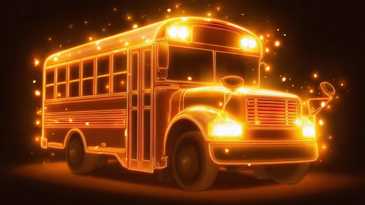 A Glowing School Bus Illuminated with Vibrant Neon Lights, Radiating an Enchanting Aura in a Dark Background with Sparkling Elements Enhancing the Magical Vibe