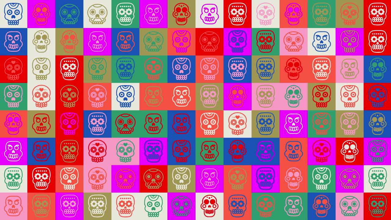 두개골 루프 (skull loop), 애니메이션 (animation), 원활한 패턴 (seamless pattern), 배경 (backdrop), 다채로운 아이콘 (icons) 의 작은, 재미있는 인간의 두개골 (skulls) 의 배경, 할로윈 (halloween), 멕시코의 죽은 자의 날 (day of the dead)