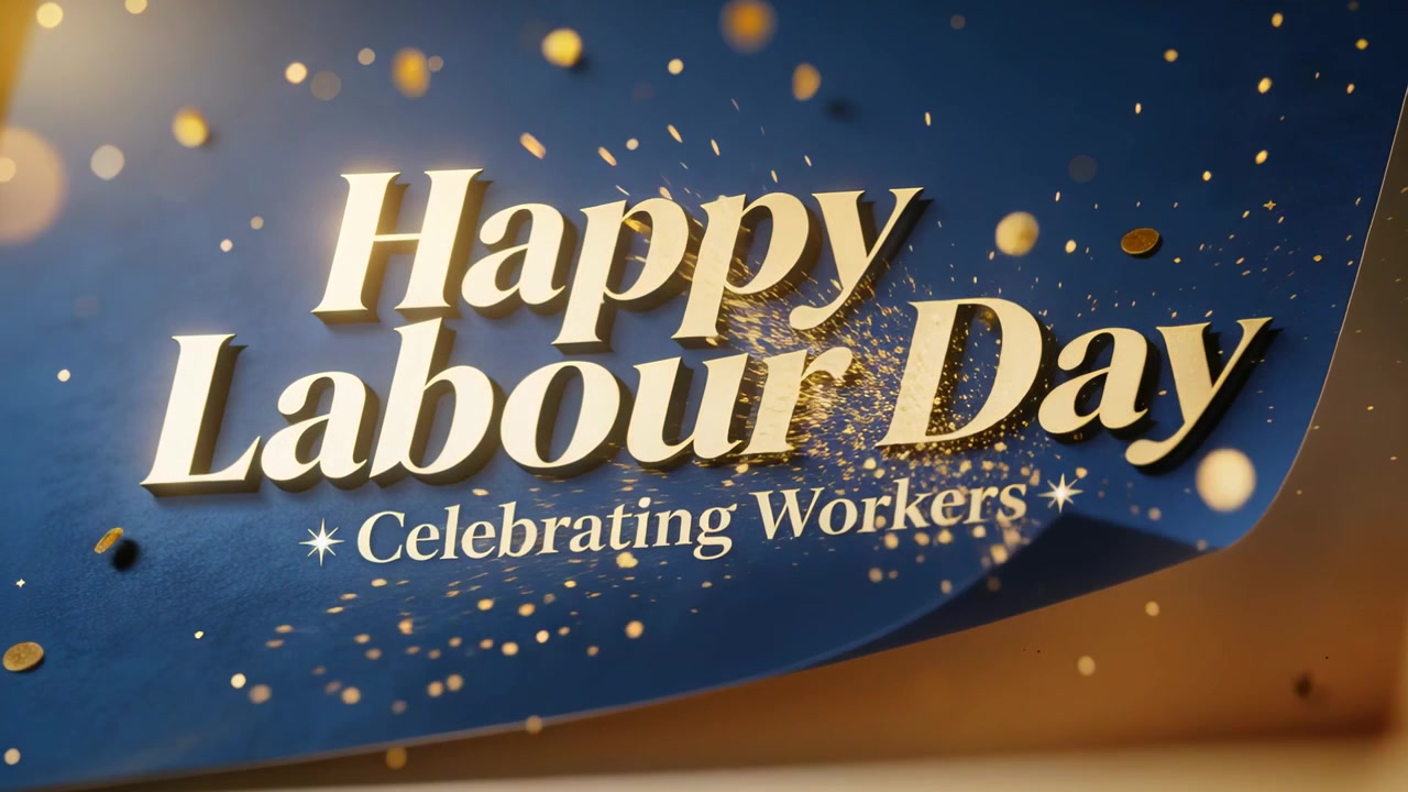Telecamera in dolly che si avvicina a 'Buona Festa del Lavoro' in studio, con coriandoli che esplodono su 'Celebrando i Lavoratori'.