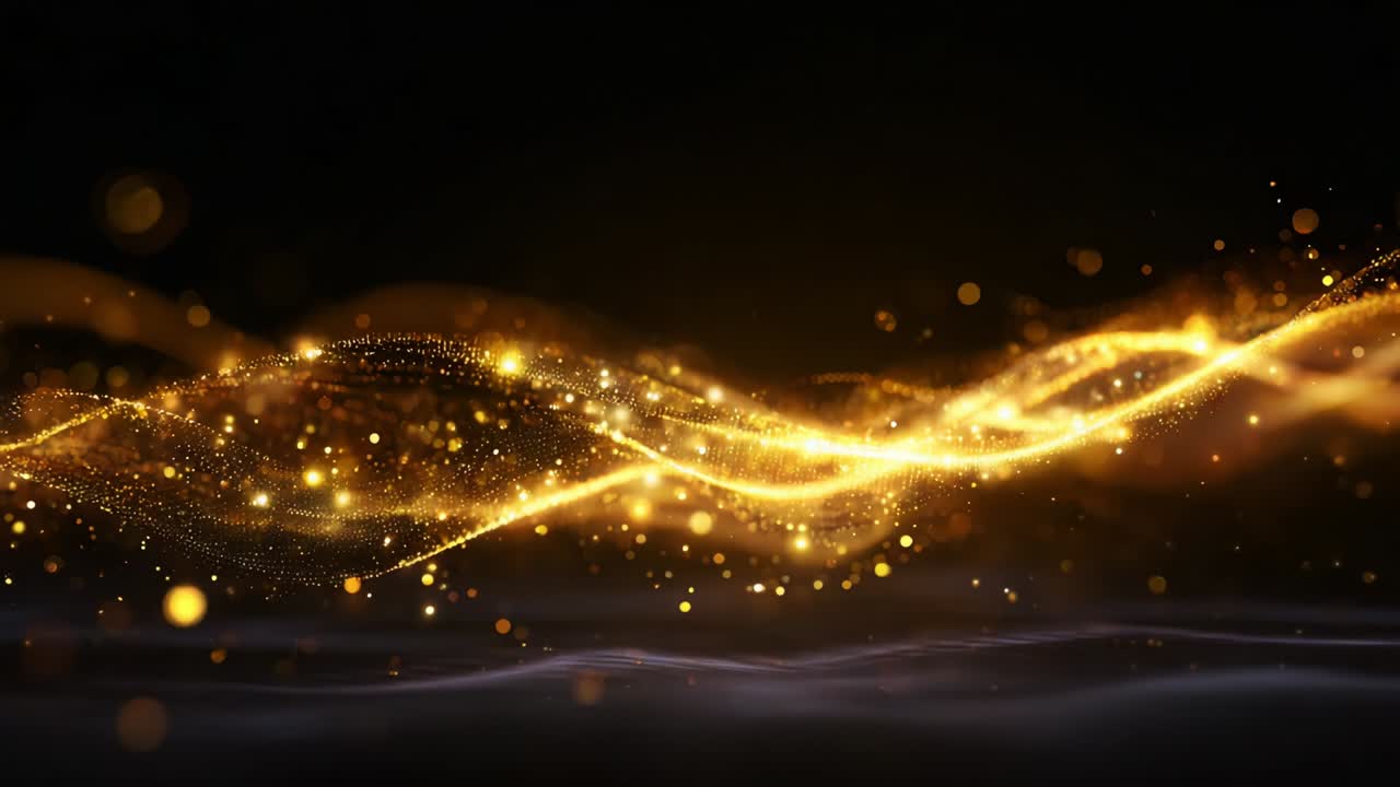 A Captivating Display of Golden Light Waves Creating an Enchanting Atmosphere Filled with Sparkling Particles, Soft Glittering Effects, and a Mystical Glow Against a Dark Background