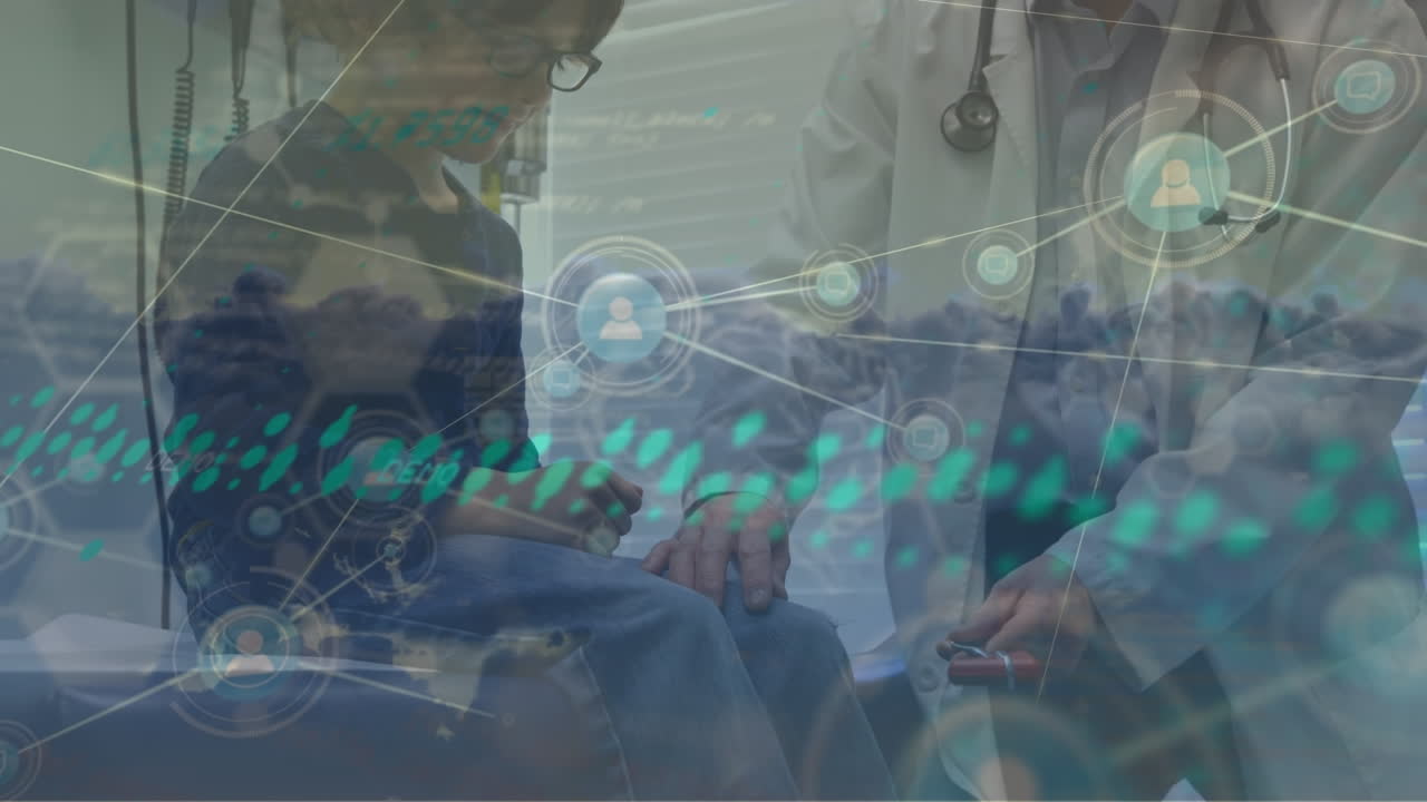 데이터 처리 및 연결 네트워크의 애니메이션: 소년과 함께 아시아 남성 의사