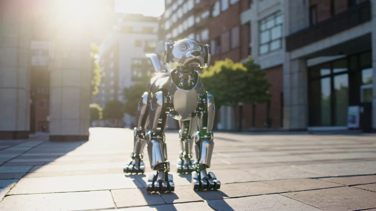 Stylish Metallic Robot Dog in a City Setting
