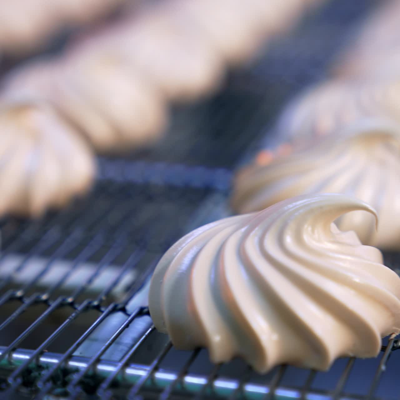 Creamy marshmallows move on the conveyor belt. Savory whipped cream desserts manufactured by modern food factory. Close up. Blurred background