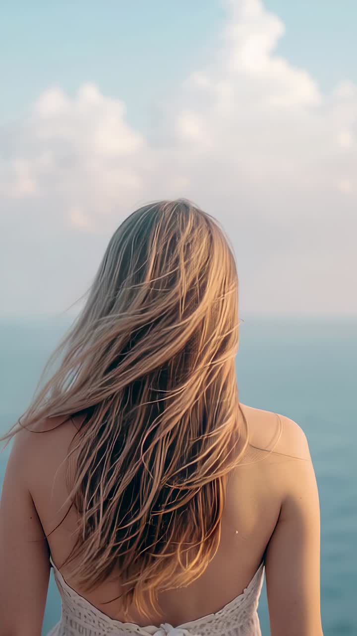 Vertical video: Standing woman gazing at coast, hair lifting by breeze and wearing white lace top