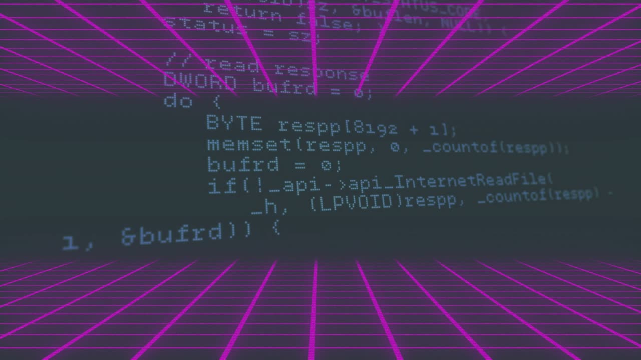 Grille de néons d’ouverture avec panneau C++ défilant vers le haut, révélant les appels d’API, la géométrie et montrant la progression