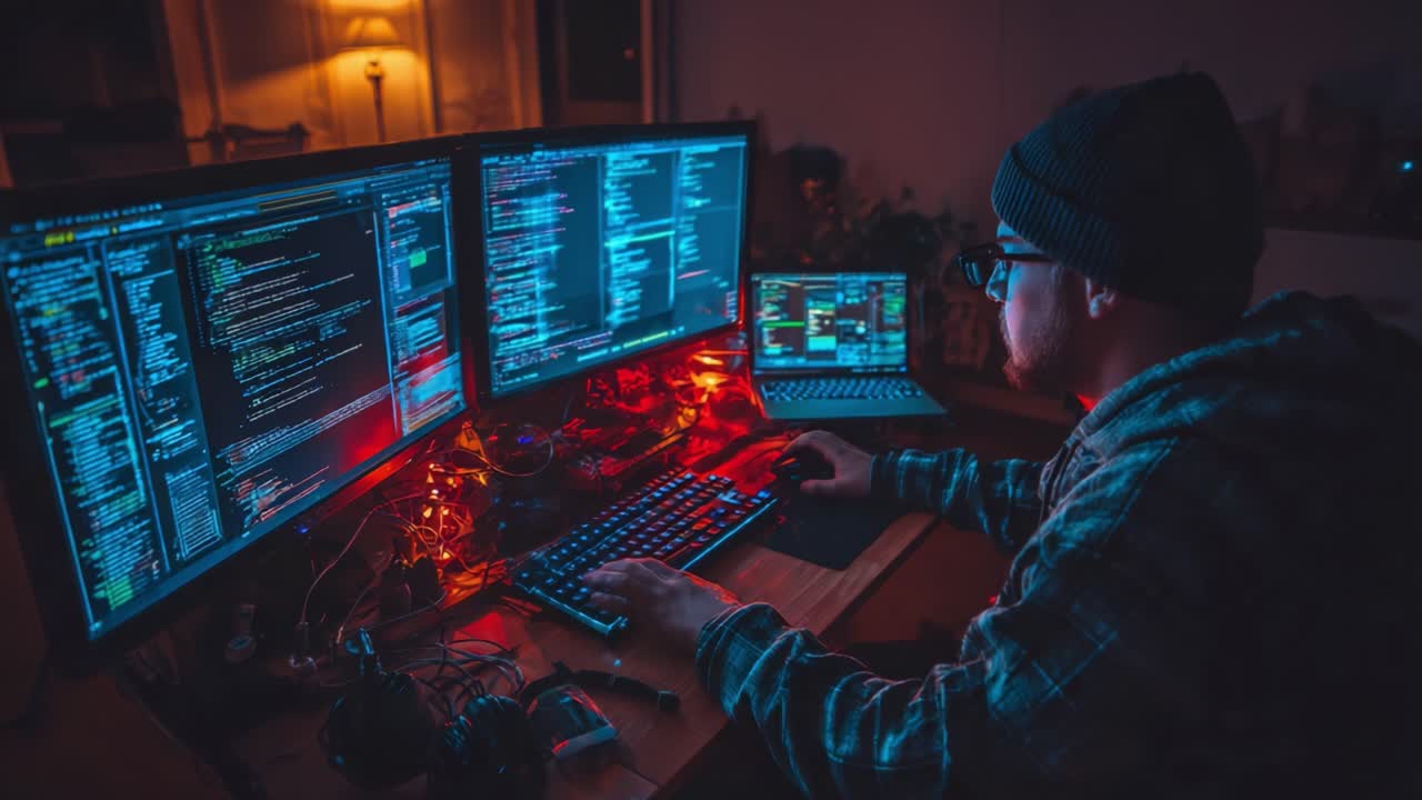 A dedicated developer immersed in coding, surrounded by multiple screens showcasing intricate programming languages and vibrant lighting in a cozy workspace