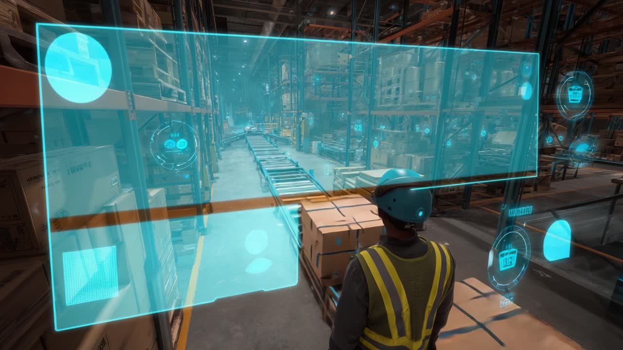 Exploring a Futuristic Warehouse Environment: A Worker Interacts with Advanced Technology and Augmented Reality Interfaces in a High-Tech Stock Management System, Enhancing Efficiency and Productivity in Logistics