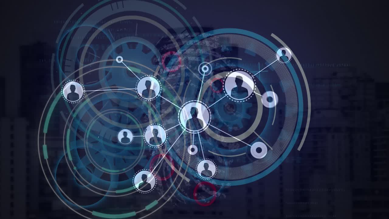 animación de círculos con engranajes e iconos de perfil que se interconectan con líneas sobre edificios