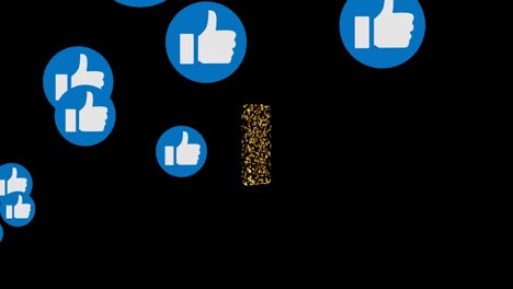 animación de iconos de pulgares hacia arriba sobre una computadora portátil brillante sobre fondo negro