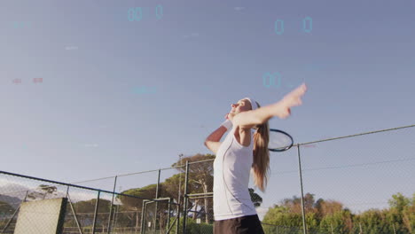 female tennis player launching serve outdoors displaying animated ball path, speed chart for health