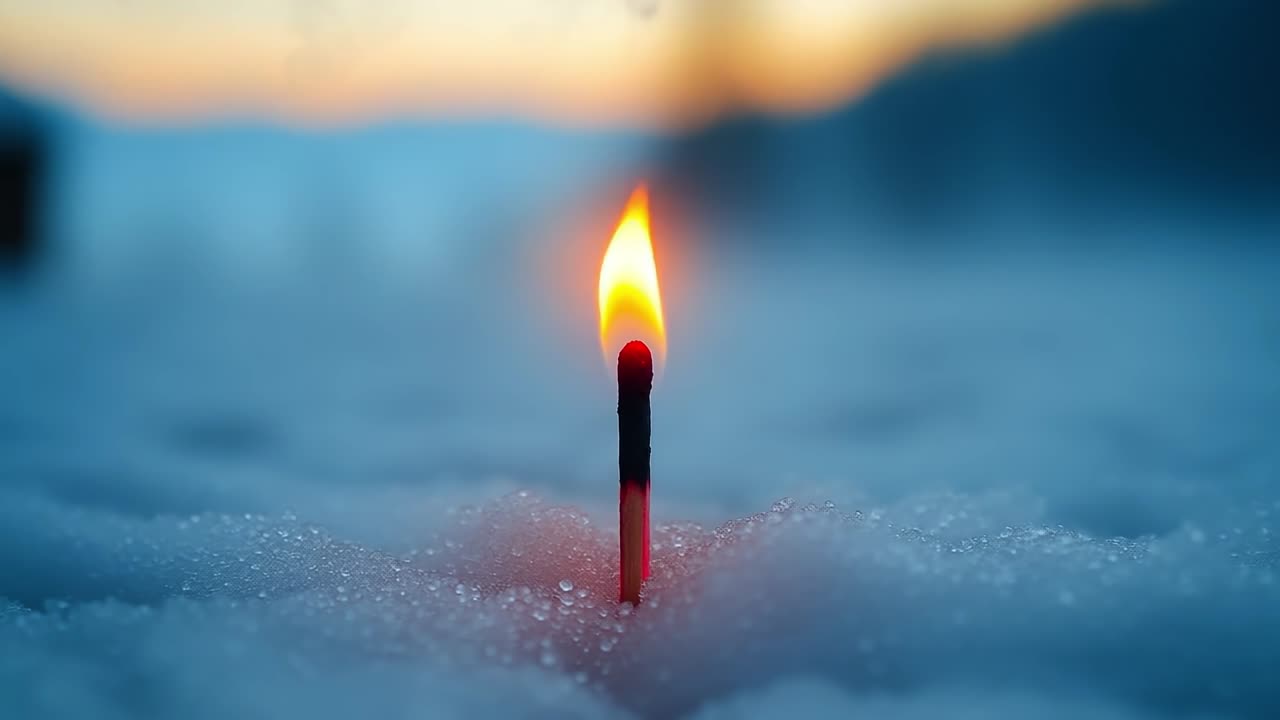 Flame of hope in winter snow landscape. A lit match stands alone in the snow, glowing warmly against the cold winter backdrop at sunset.