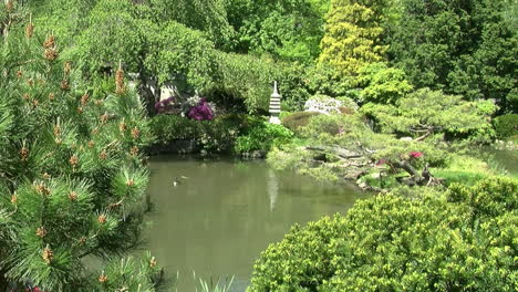 pagoda de piedra y estanque en un jardín japonés