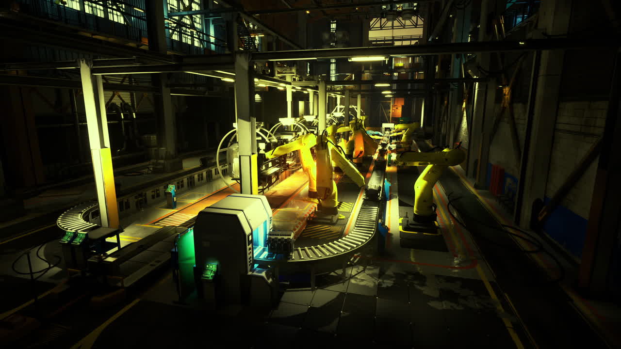 Robotic arms operate on an assembly line in a dimly lit manufacturing facility