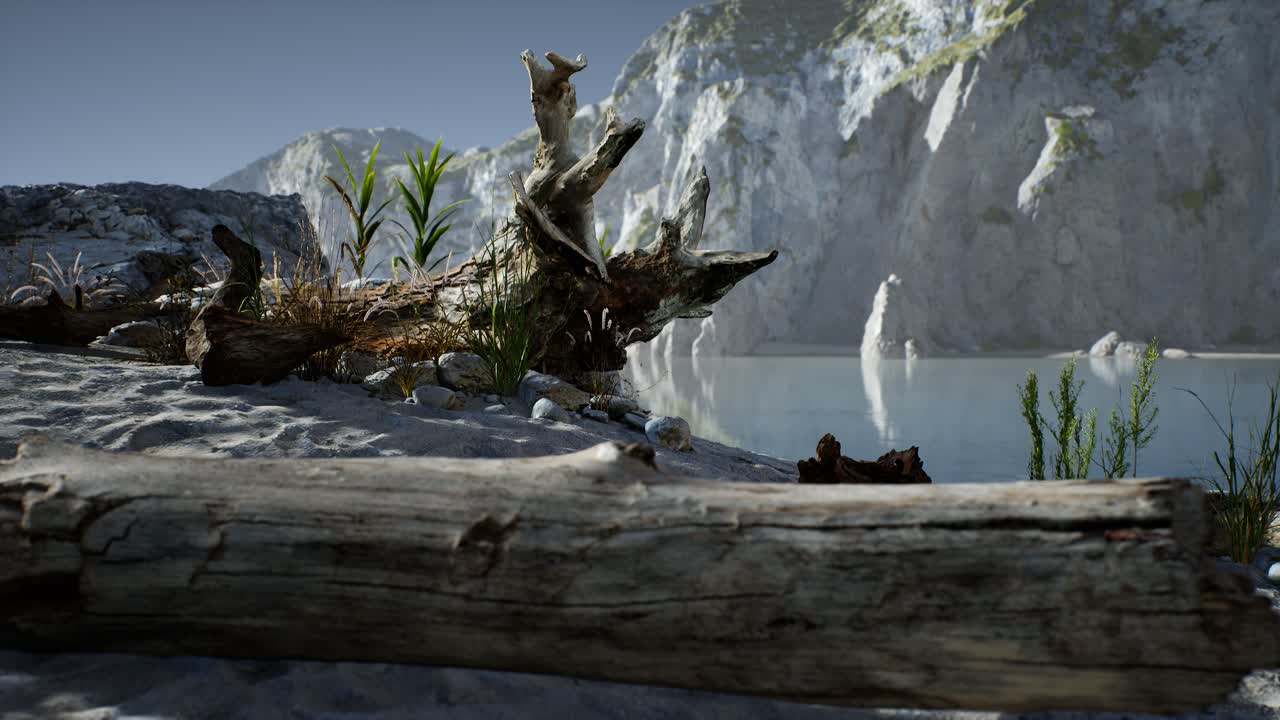 바다 의 바위 절벽 근처 에 있는  ⁇  모래 해변