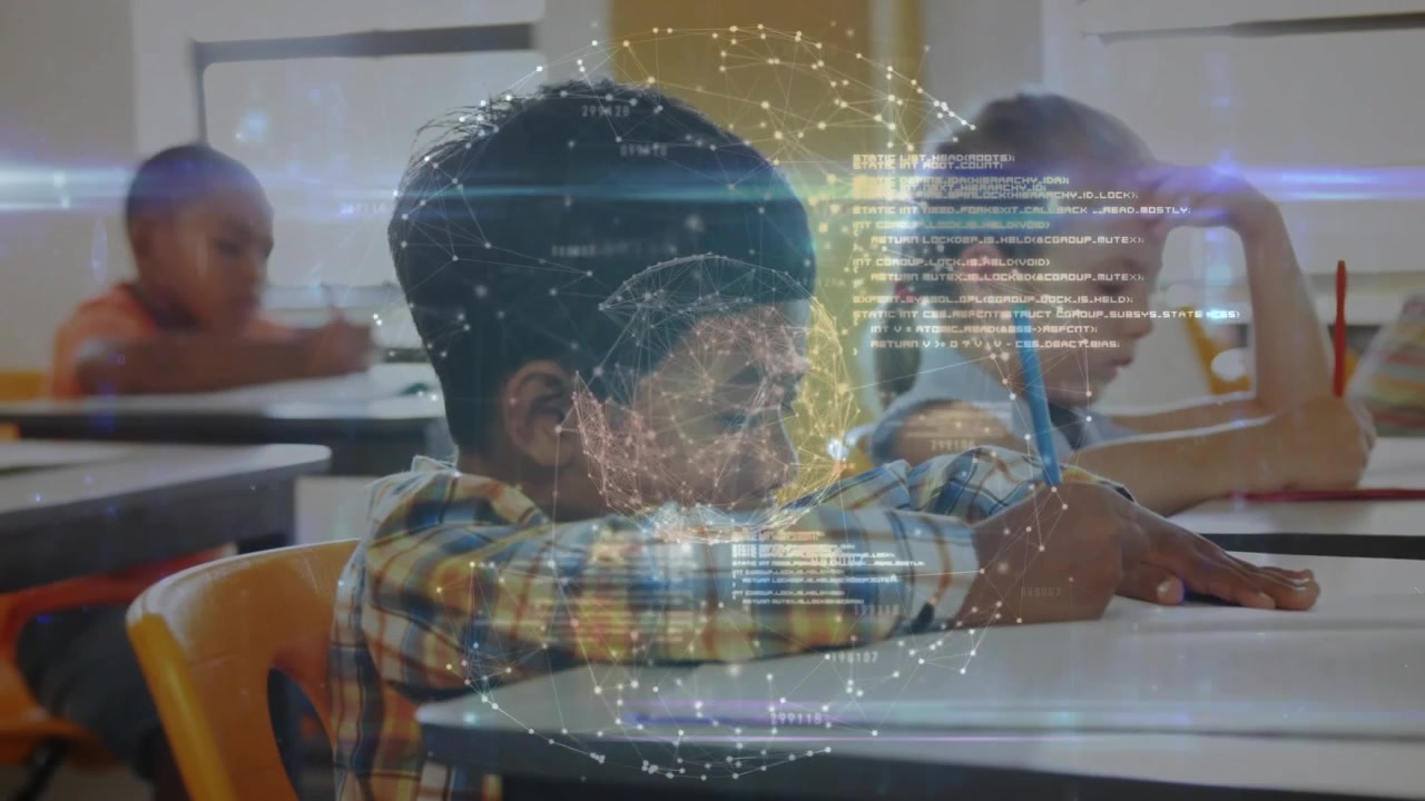 Boy writing in classroom while globe overlay fading in and rotating with code supporting education