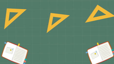 animación de iconos escolares con cuadernos sobre cuadrícula sobre fondo verde