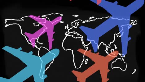 Animation-of-colorful-planes-flying-over-world-map-on-black-background