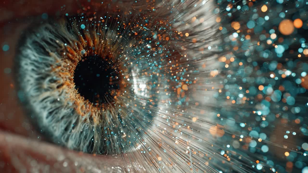 A Close-Up Exploration of an Eye with Vibrant Micro-Particles and an Enigmatic Splash of Colorful Bokeh, Captivating the Intricacies of Human Perception