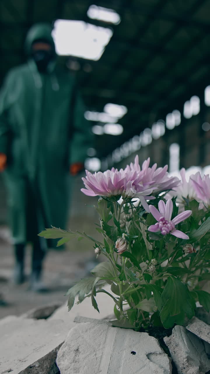Post apocalyptic survivor in gas mask. Person in gas mask and against abandoned destroyed industrial buildings