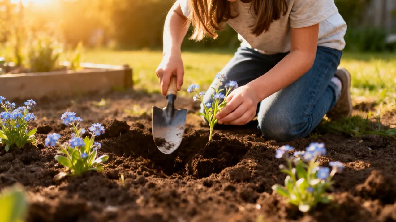 Flicka som planterar, håller en trädgårdsspade och placerar blå blommor i en rabatt på bakgården, klädd i grå tröja och jeans.