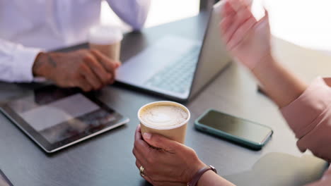 laptop, coffee and hands of business people