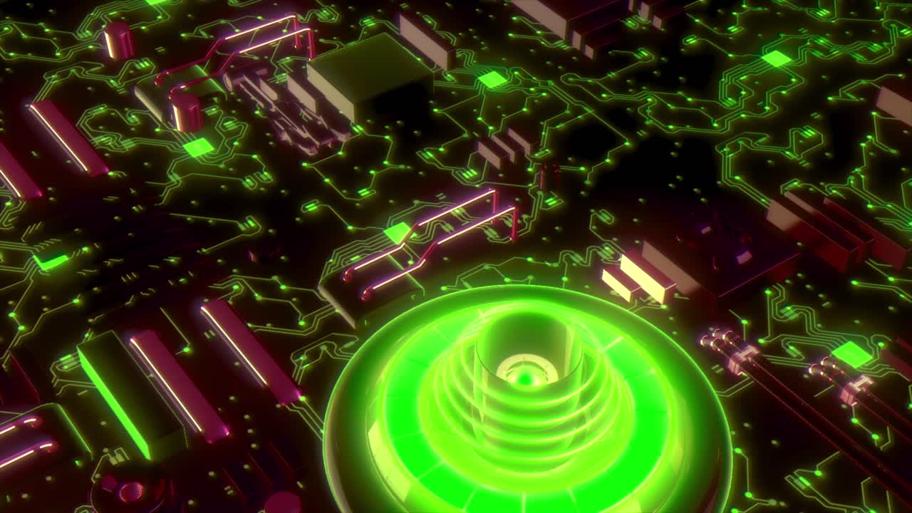 빛나는 녹색 불빛으로 추상적인 미래의 회로판
