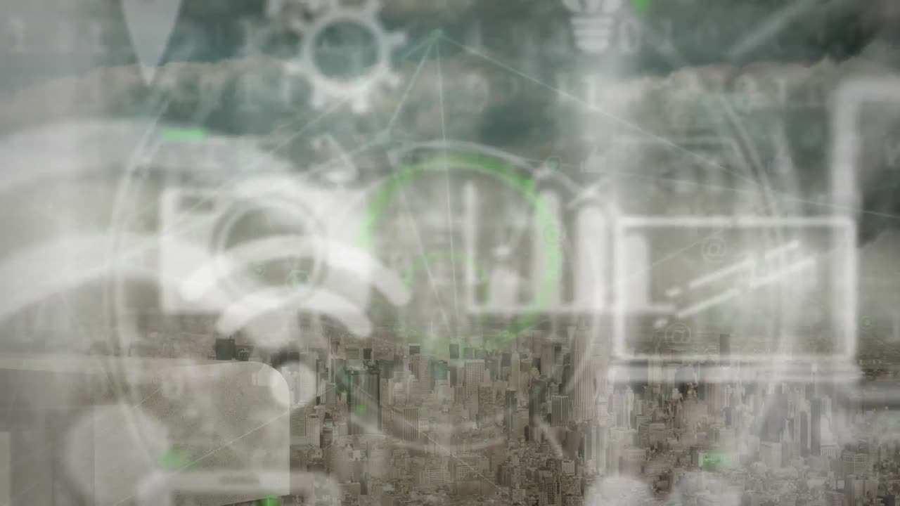 응용 프로그램 아이콘의 애니메이션, 클라우드 스케이프에 대한 도시 풍경의 공중 전망을 통해 연결된 점