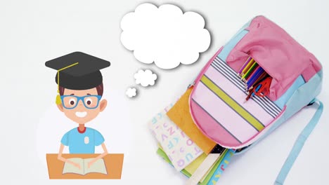 Animation-of-cartoon-schoolboy-with-empty-speech-bubble-over-schoolbag-on-white