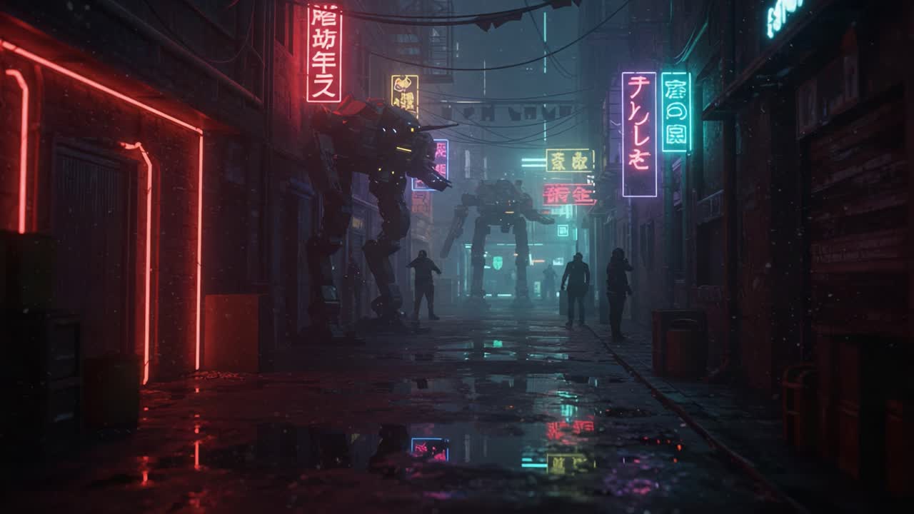 Scena urbana futuristica con robot tra luci al neon: esplorando un vicolo bagnato dalla pioggia dove la tecnologia incontra l'umanità in un'ambientazione distopica