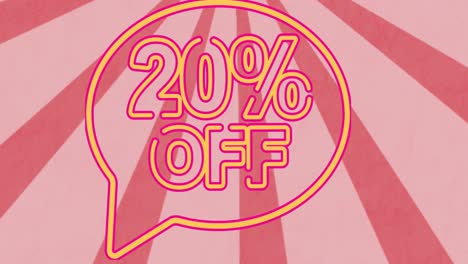 animation of 20 percent off text banner against pink radial rays spinning in seamless pattern