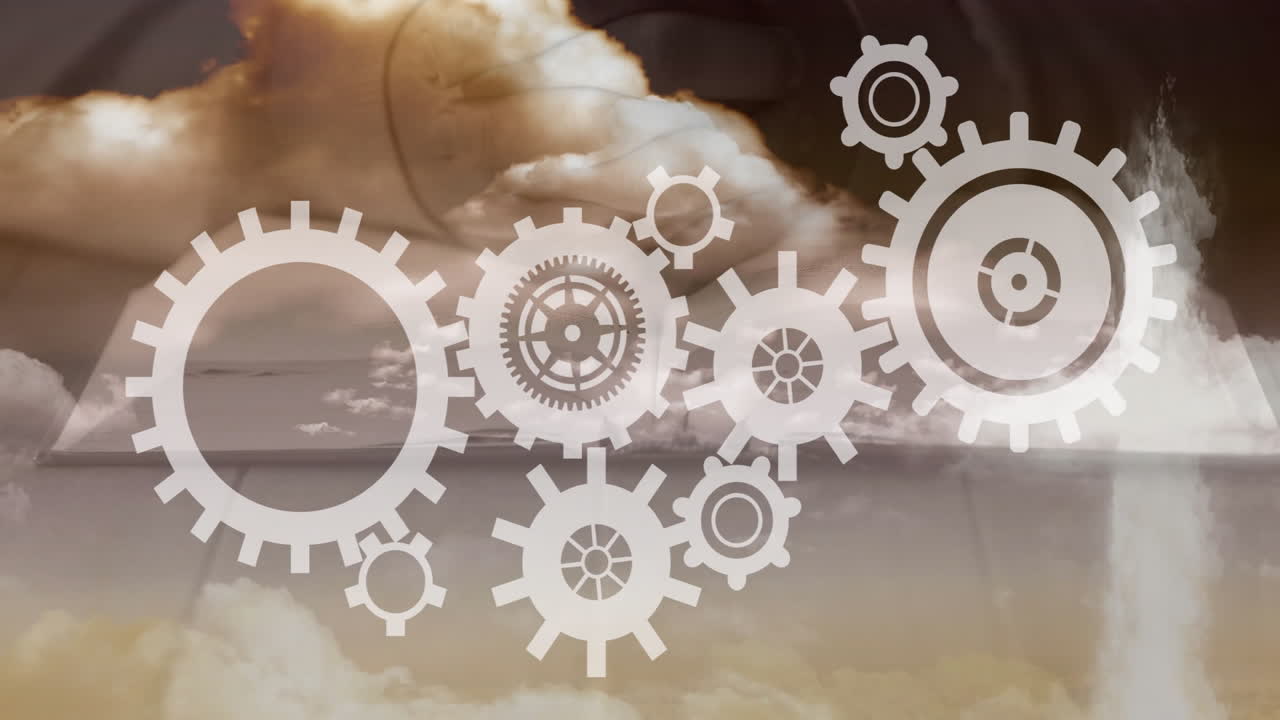 Spinning gears and cogs against cloudy sky in animated background