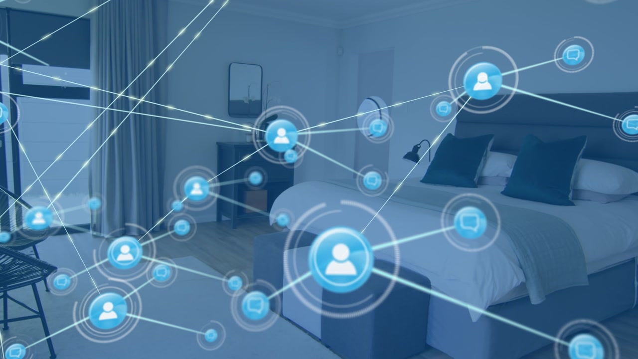 Animation of network of connections with icons over bedroom
