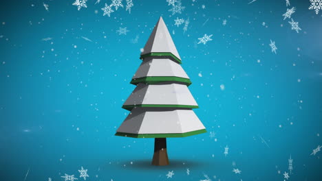 animación de copos de nieve cayendo sobre el árbol de navidad cubierto de nieve contra un fondo azul